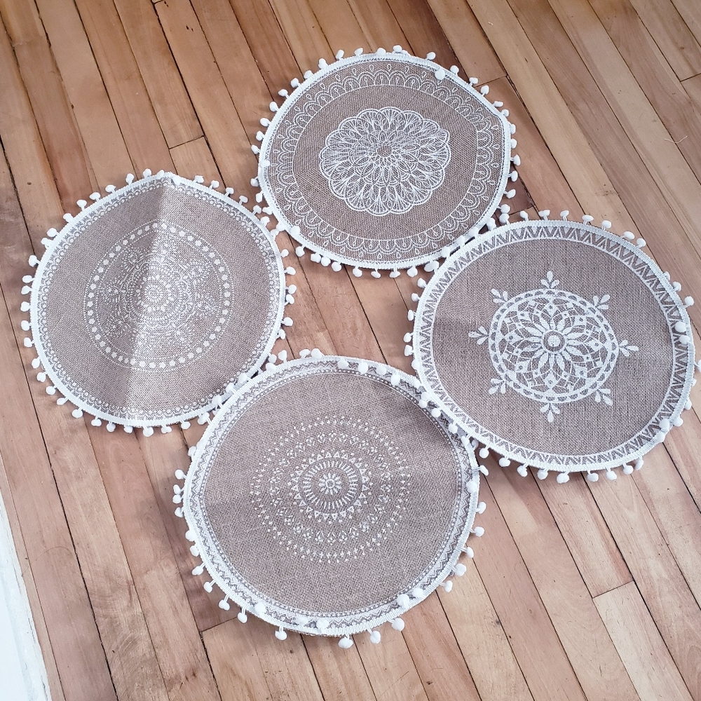 Set of 4 NWOT  Round Boho Mandala Placemats - Handcrafted  W/Pom Pom Edge